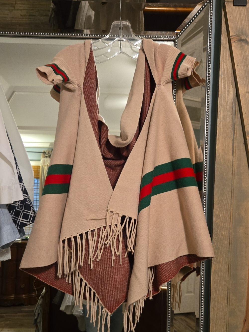 Beige Fringe Poncho with Green-Red Stripes